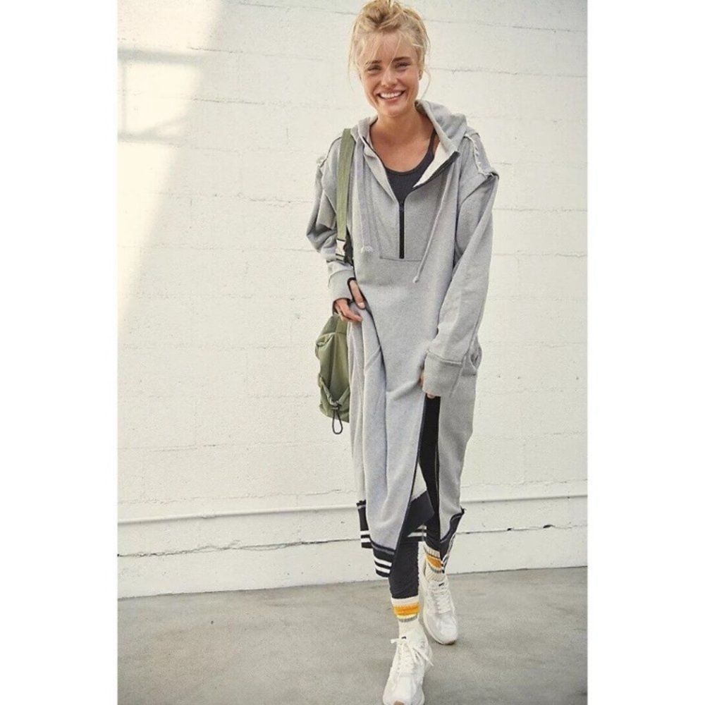 Free People XS Movement Match Up Maxi VEST Sweat Hoodie Tunic Jacket Gray Black